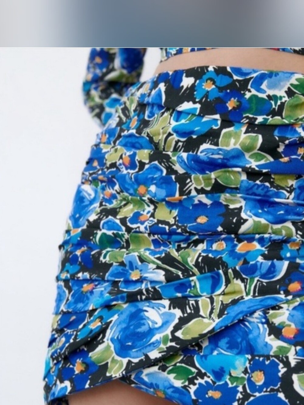 NWT Zara Blue Floral Ruched Draped Faux Wrap Mini Skirt Size M